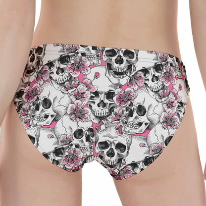 Pink Flowers Skull Pattern Print Women's Panties