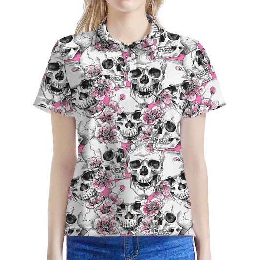 Pink Flowers Skull Pattern Print Women's Polo Shirt
