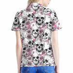 Pink Flowers Skull Pattern Print Women's Polo Shirt