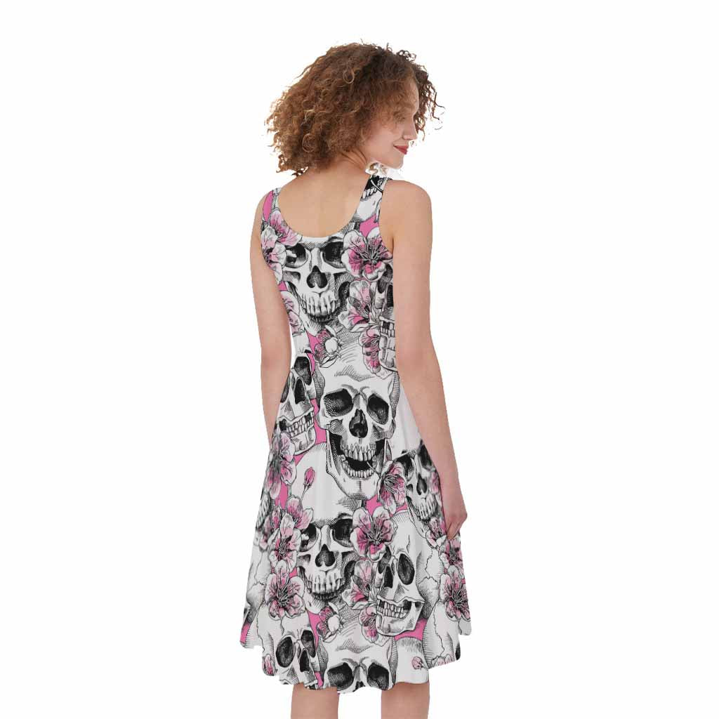 Pink Flowers Skull Pattern Print Women's Sleeveless Dress