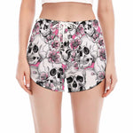 Pink Flowers Skull Pattern Print Women's Split Running Shorts