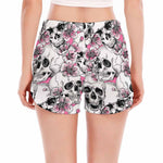 Pink Flowers Skull Pattern Print Women's Split Running Shorts