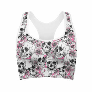 Pink Flowers Skull Pattern Print Women's Sports Bra