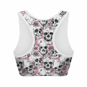 Pink Flowers Skull Pattern Print Women's Sports Bra