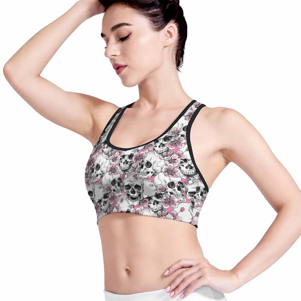 Pink Flowers Skull Pattern Print Women's Sports Bra