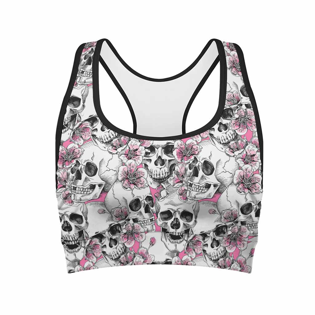 Pink Flowers Skull Pattern Print Women's Sports Bra