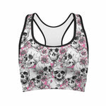 Pink Flowers Skull Pattern Print Women's Sports Bra