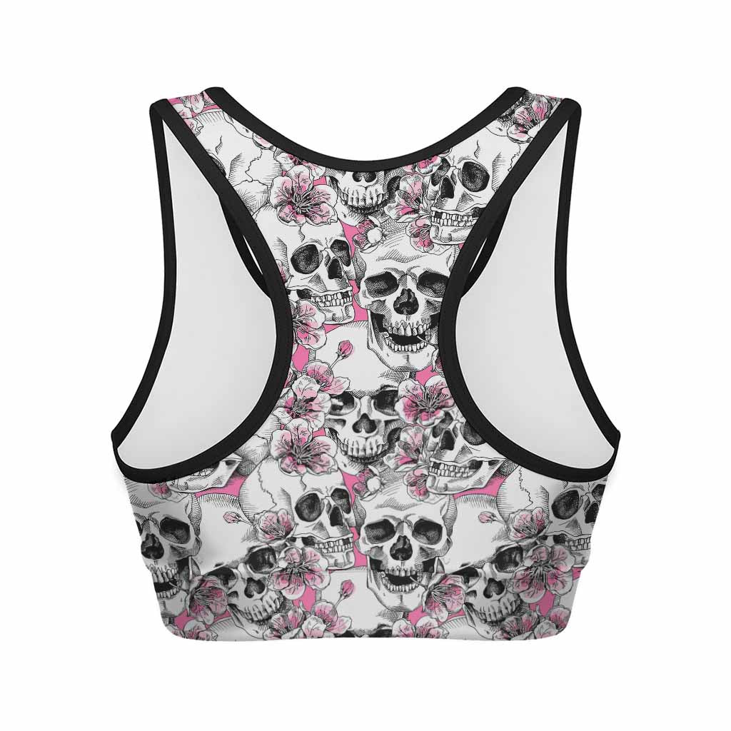 Pink Flowers Skull Pattern Print Women's Sports Bra