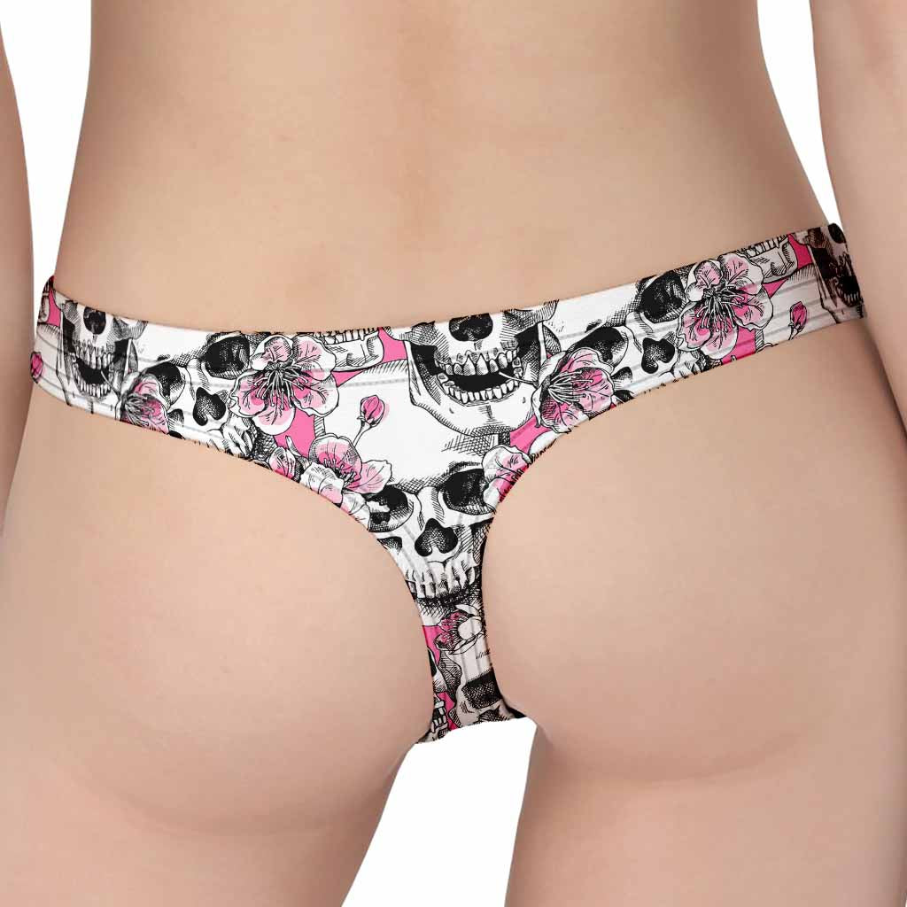 Pink Flowers Skull Pattern Print Women's Thong