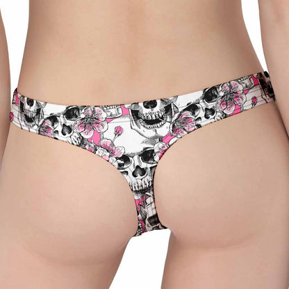 Pink Flowers Skull Pattern Print Women's Thong