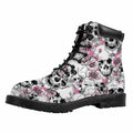 Pink Flowers Skull Pattern Print Padded Collar Lace Up Boots