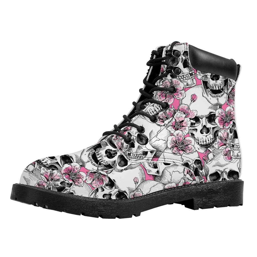 Pink Flowers Skull Pattern Print Work Boots