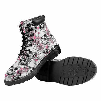 Pink Flowers Skull Pattern Print Work Boots
