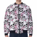 Pink Flowers Skull Pattern Print Zip Sleeve Bomber Jacket