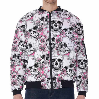 Pink Flowers Skull Pattern Print Zip Sleeve Bomber Jacket