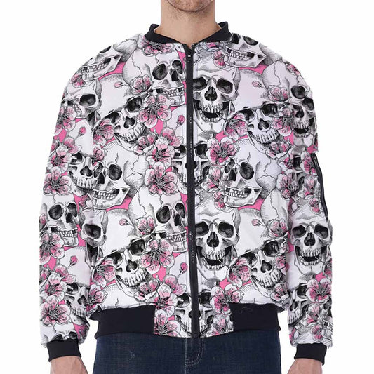 Pink Flowers Skull Pattern Print Zip Sleeve Bomber Jacket