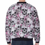 Pink Flowers Skull Pattern Print Zip Sleeve Bomber Jacket