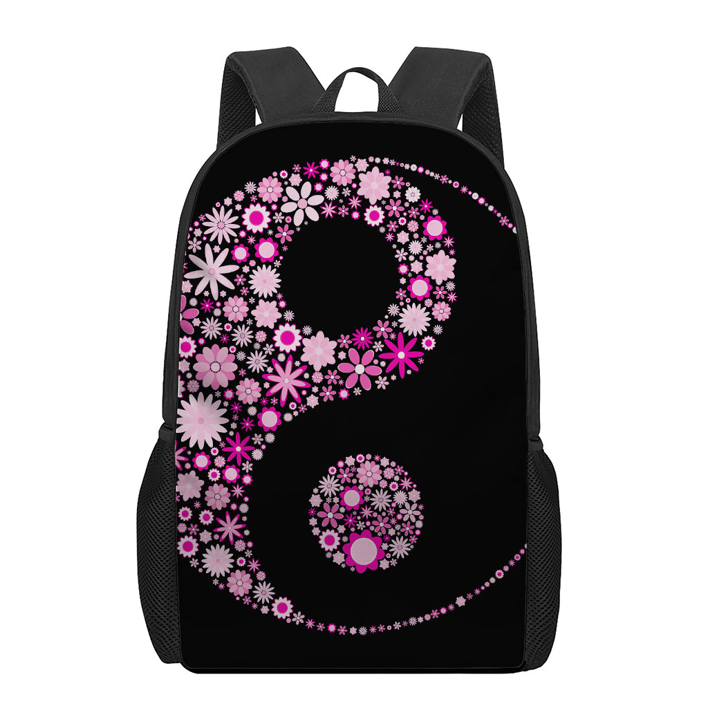 Pink Flowers Yin Yang Print 17 Inch Backpack