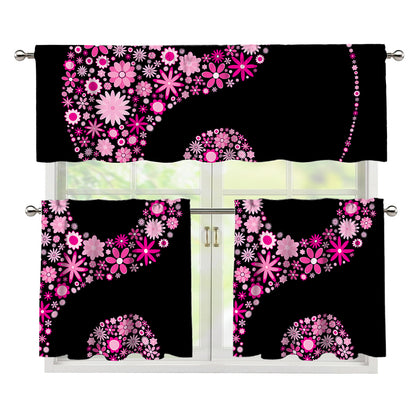 Pink Flowers Yin Yang Print 3 Piece Kitchen Curtains