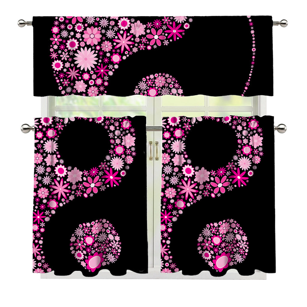 Pink Flowers Yin Yang Print 3 Piece Kitchen Curtains