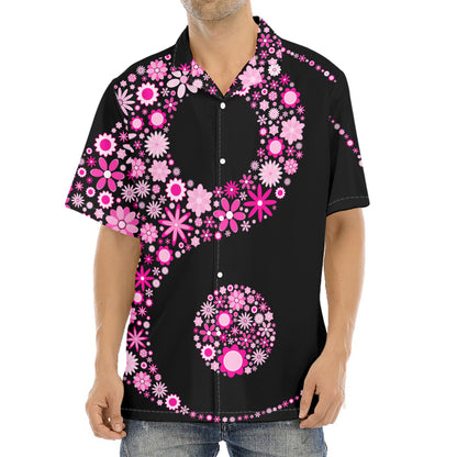 Pink Flowers Yin Yang Print Aloha Shirt