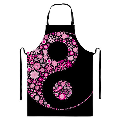 Pink Flowers Yin Yang Print Bib Apron With Pocket