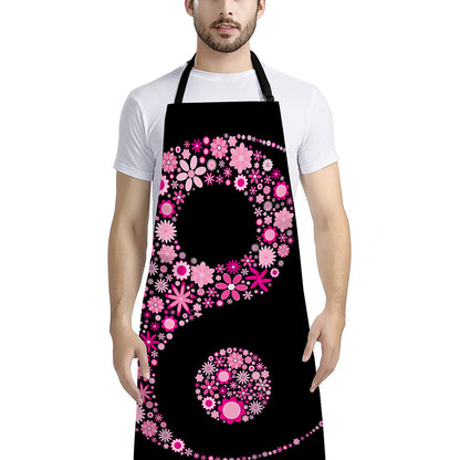 Pink Flowers Yin Yang Print Bib Apron With Pocket