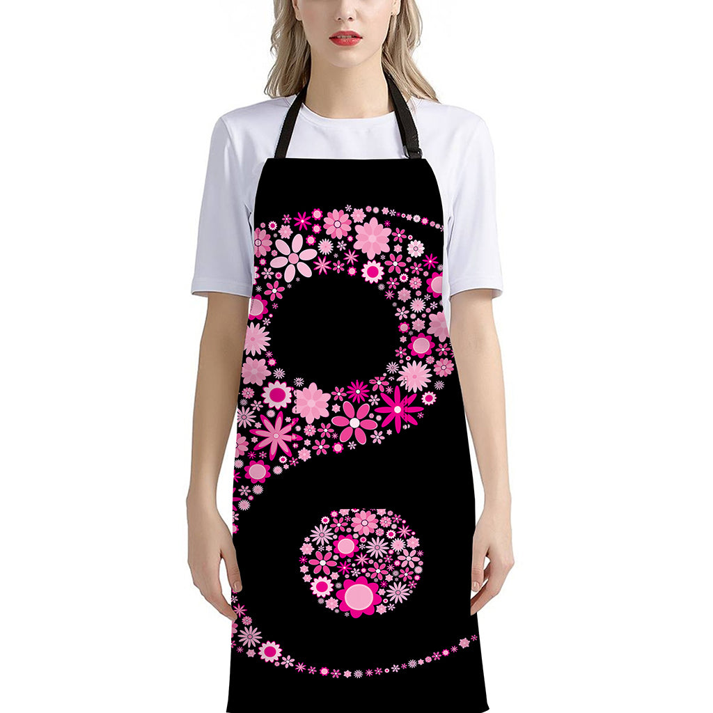 Pink Flowers Yin Yang Print Bib Apron With Pocket
