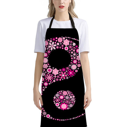 Pink Flowers Yin Yang Print Bib Apron With Pocket