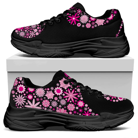 Pink Flowers Yin Yang Print Black Chunky Shoes