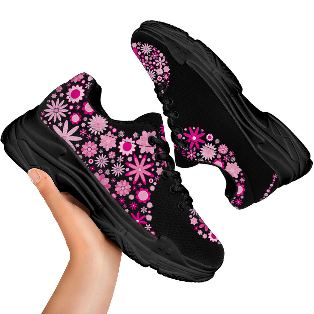 Pink Flowers Yin Yang Print Black Chunky Shoes