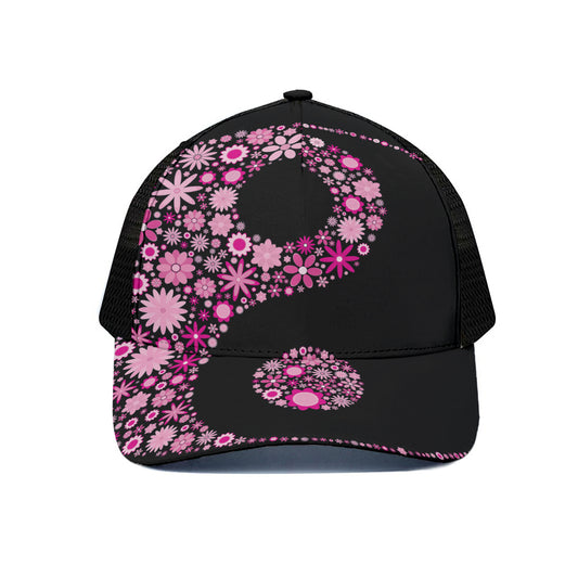 Pink Flowers Yin Yang Print Black Mesh Trucker Cap
