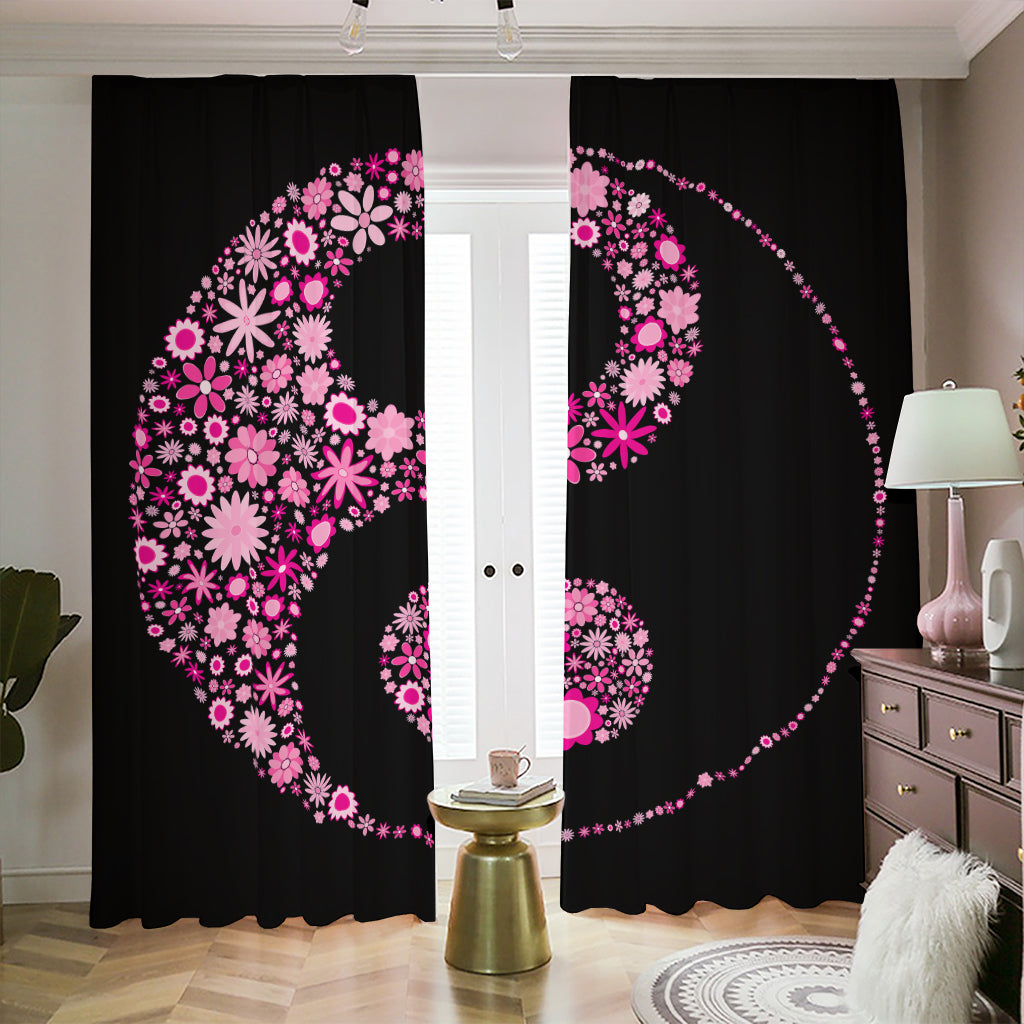 Pink Flowers Yin Yang Print Blackout Pencil Pleat Curtains