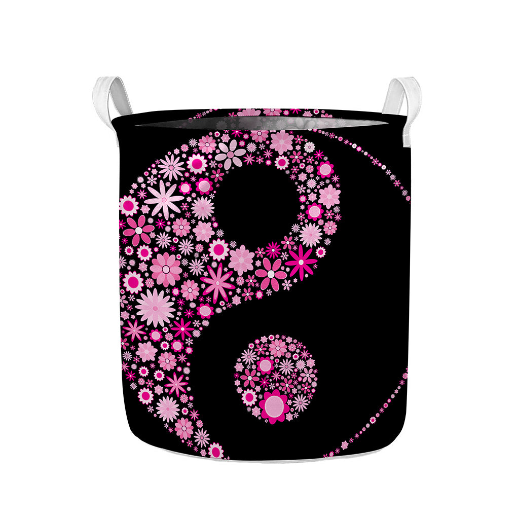Pink Flowers Yin Yang Print Collapsible Laundry Basket