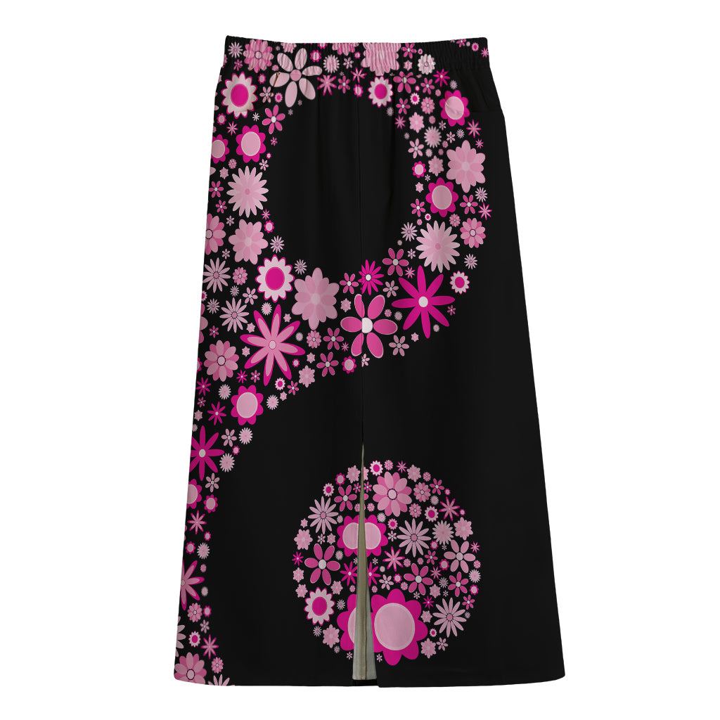 Pink Flowers Yin Yang Print Cotton Front Slit Maxi Skirt