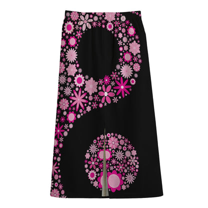 Pink Flowers Yin Yang Print Cotton Front Slit Maxi Skirt