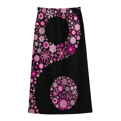 Pink Flowers Yin Yang Print Cotton Front Slit Maxi Skirt