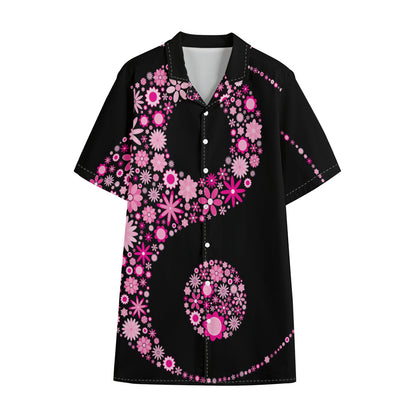 Pink Flowers Yin Yang Print Cotton Hawaiian Shirt