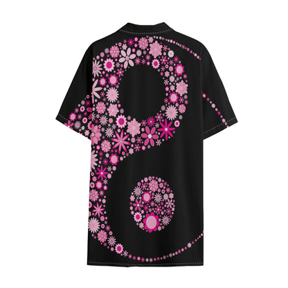 Pink Flowers Yin Yang Print Cotton Hawaiian Shirt
