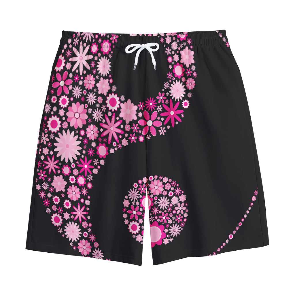 Pink Flowers Yin Yang Print Cotton Shorts
