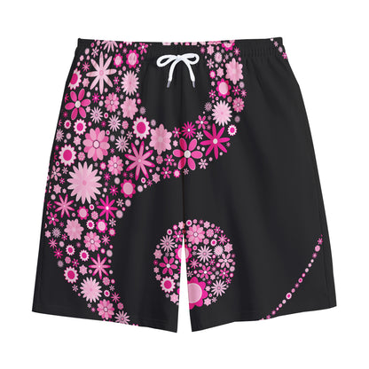 Pink Flowers Yin Yang Print Cotton Shorts