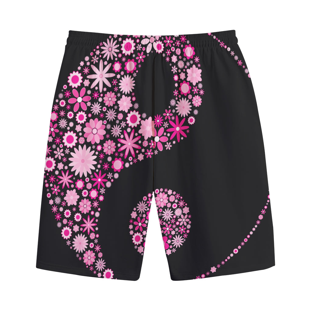 Pink Flowers Yin Yang Print Cotton Shorts
