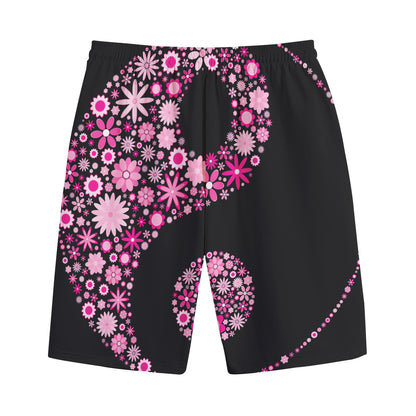 Pink Flowers Yin Yang Print Cotton Shorts
