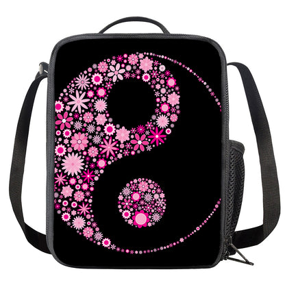 Pink Flowers Yin Yang Print Crossbody Lunch Bag
