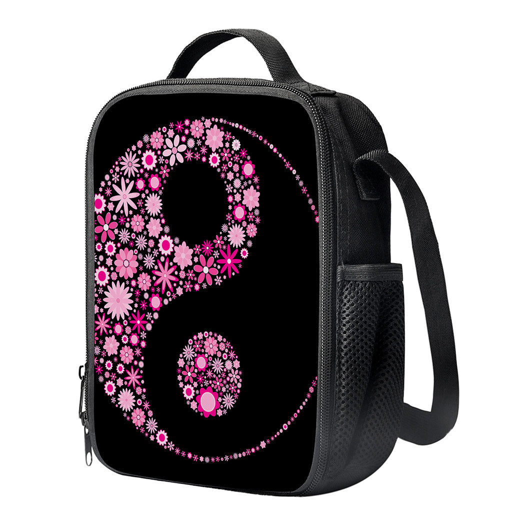 Pink Flowers Yin Yang Print Crossbody Lunch Bag