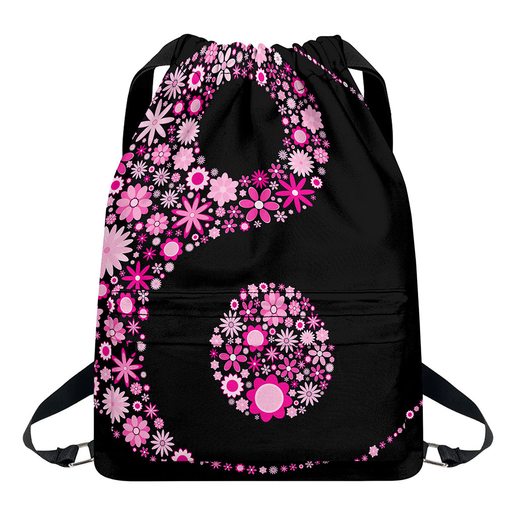 Pink Flowers Yin Yang Print Drawstring Backpack