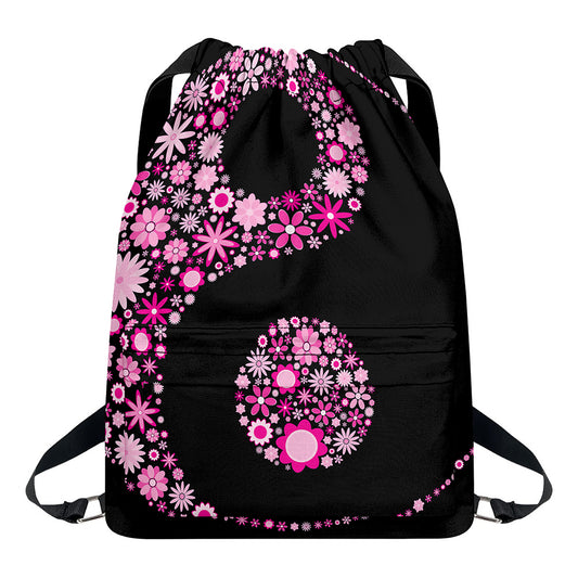 Pink Flowers Yin Yang Print Drawstring Backpack