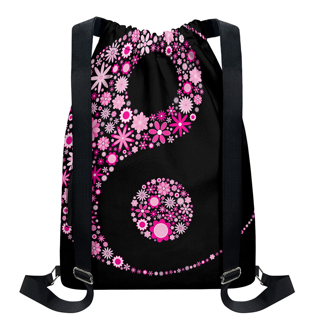 Pink Flowers Yin Yang Print Drawstring Backpack
