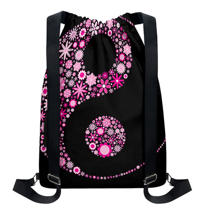 Pink Flowers Yin Yang Print Drawstring Backpack
