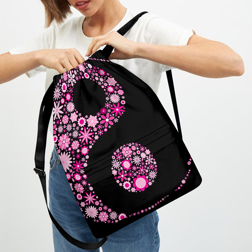 Pink Flowers Yin Yang Print Drawstring Backpack